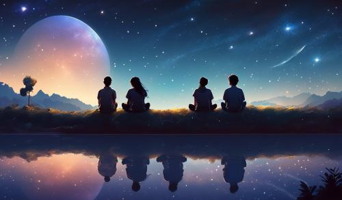 6 friends sitting under the sky, staring the stars