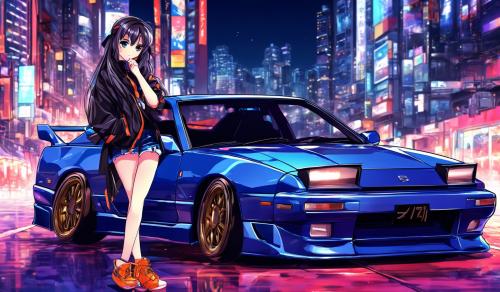 Anime girl leaning against a nissan 180sx