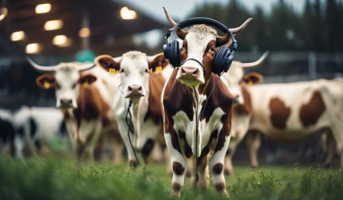 A cow wearing headphones