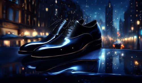 A pair of sleek, midnight black leather shoes, their polished surface reflecting the city lights like stars against the night sky, imbued with a timeless elegance that speaks of both sophistication and adventure.