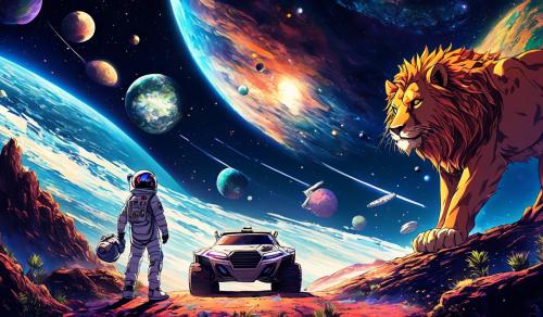 hasme un humano y un leon en el espacio y nave espacial con animales y autos deportivos con vistas al espacio y a planetas