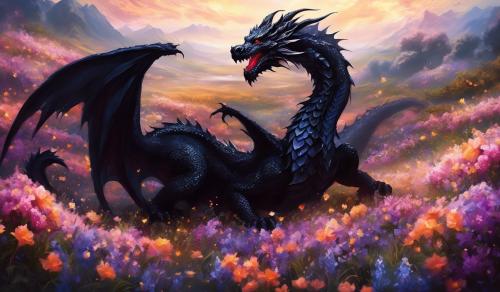 Black Dragon in field of flowers 