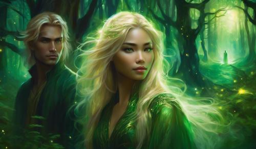 Blonde hair, green eyed  man with Filipino girl in dark woods