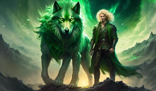 Blonde curly  hair man with green eyes in battlefield with an evil wolf