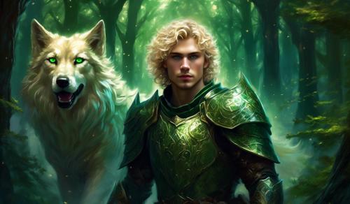 Short Blonde curly haired man with green eyes wearing armor in the dark forest with fenrir