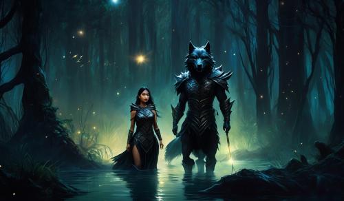 Filipino woman fairy wearing black armor in the dark swamp with an evil wolf 