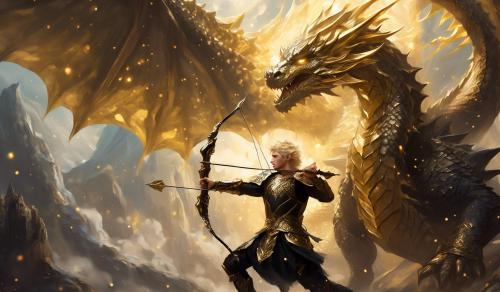 Really short curly  blonde haired man with black and gold armor holding a bow and arrow battling a dragon 