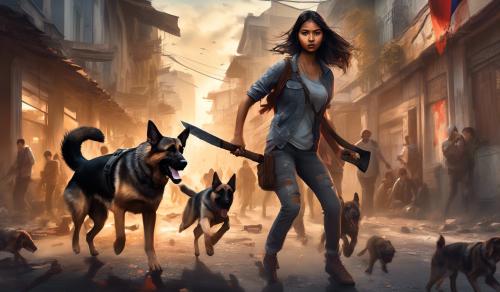 Beautiful Filipino girl yielding a hatchet fighting zombies in the city with her German Shepard dog