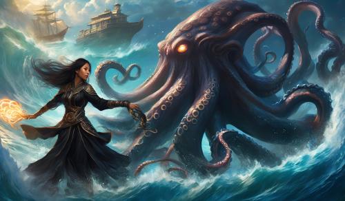 Beautiful Filipino woman mage  wearing black armor fighting giant octopus at sea