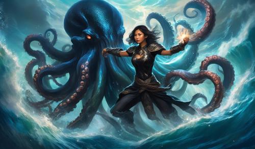 Beautiful Filipino woman mage  wearing black armor fighting giant octopus at sea