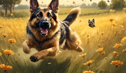 Derpy German shepherd Chasing a butterfly in a field