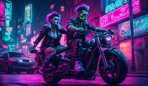 Frankenstein and bride of Frankenstein covered in tattoos riding a motorcycle in the city at night 