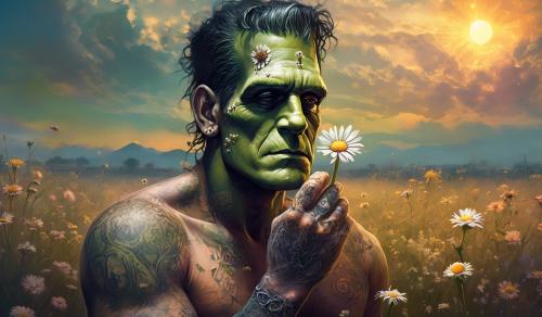 Frankenstein covered in tattoos and wounds holding a daisy flower in a field at sunset