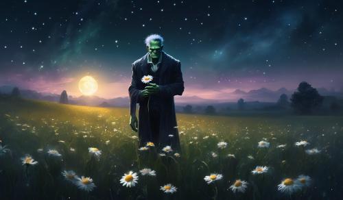 Frankenstein holding a daisy standing in a field at night alone