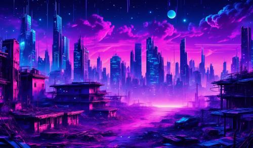 blue and purple starry skies over an abandoned city