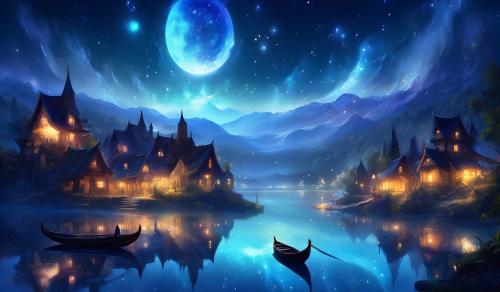 night, village, lake