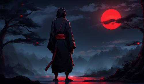 Itachi standing at night with red eyes