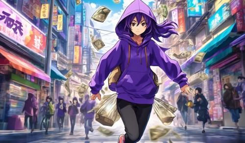 IzumiSakai With purple Hoodie running with money bags down the street