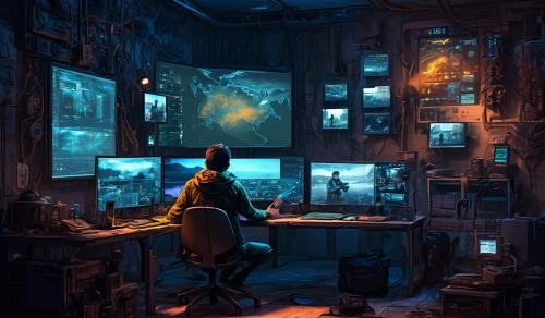 a guy or kid sitted on a computer with several display monitors and on the screen are trading and hacking and a gun on his table in a cool room