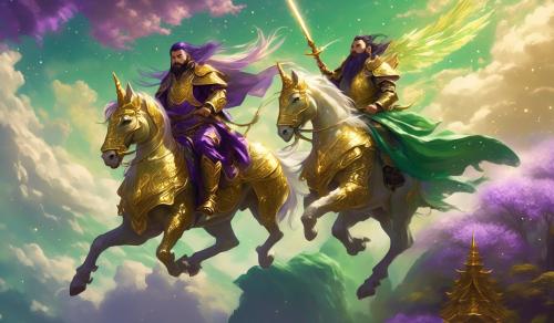 PurpledSamurai and a male Dwarf in gold armor riding on a green Pegasus in the sky