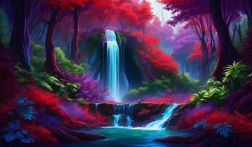 Red wood forest with a waterfall and blue purple and green plants all around