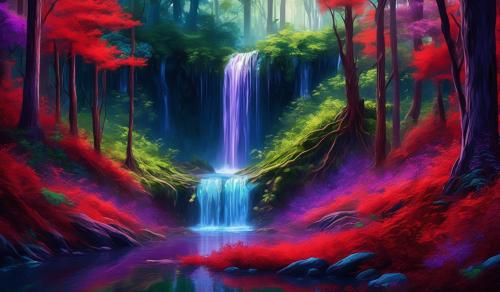 Red wood forest with a waterfall and blue purple and green plants all around