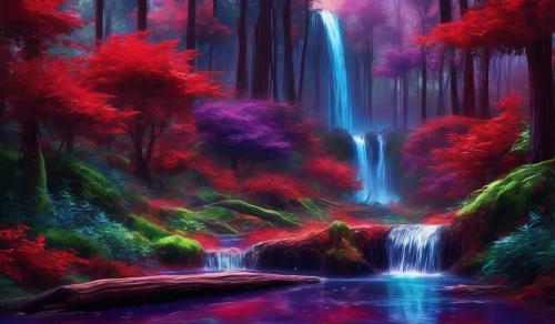 Red wood forest with a waterfall and blue purple and green plants all around