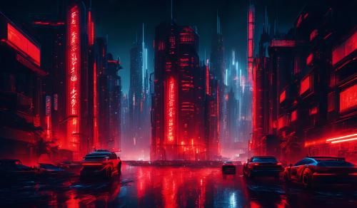 cyberpunk style city at night with a red primary color