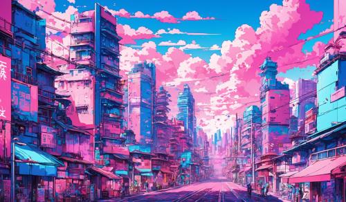 City scape lot of pink and blue