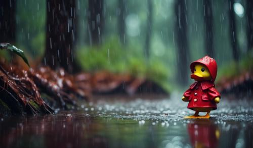 Little duck strolling in the massive woods in pouring rain in a little red coat