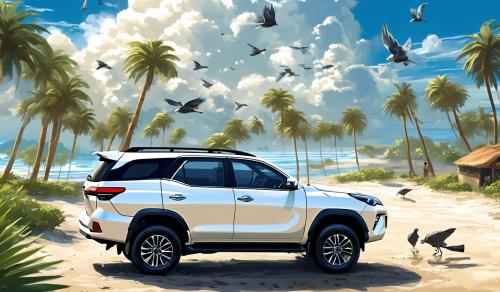 a man standing corner of cornish , wearinh arabic dress white clouds , blue sky , shinny sun , toyota fortuner parked beside , palm trees , grass , birds fly in sky , black colour car , showing more sea , tough tile track , some sky view , give me ai image , image size is 19:6