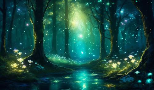 prompt night vision of a beatiful forest with magic lights and diamond flowers