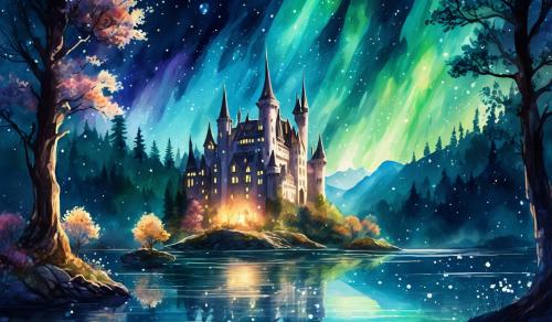 prompt: watercolour style. A night forest surrounded by shining trees. Flowers made of diamonds. electric mushrooms. aurora borealis in the sky. a lake with trasparent water. below the water there is a castle with light coming out of its windows. a beautiful man with long white hair, dressed as a knight, muscolar, is sitting on a rock. fiery look.