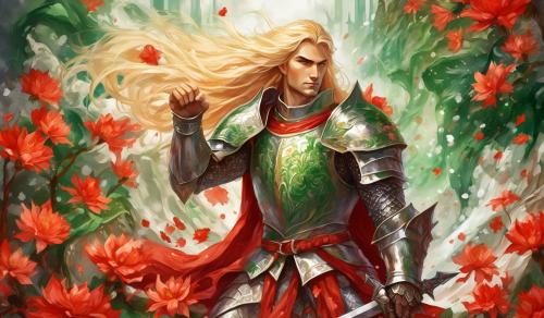 prompt: draw a knight with long blonde hair, green eyes, fiery look, muscolar, with a shiny armour with dragons carved in the metal. he is surrounded by red and white Flowers.  naif style, watercolour style.