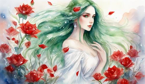 prompt: draw a beautiful woman, blu long hair, red and white dress. sweet eyes. sweet and sad look. green eyes. she holds a shiny diamond shaped as a rose in her hands. crystalline waters all around her. red and white Flowers all around her. naif style. watercolour style