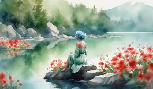 prompt: draw a beautiful woman, full figure, blu hair, green eyes. she is sitting on a rock in the middle of a lake. the lake is urrounded by  red and white Flowers. naif style. watercolour style