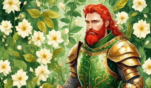 prompt: draw a beautiful knight. red heir and red beard. Green eyes. Golden armour. he is surrounded by green Leaves, red flowers and white Flowers. naif style. watercolour style