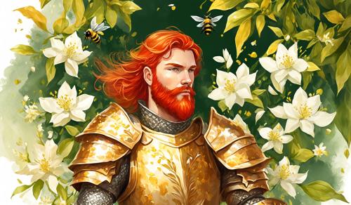 Promt: draw a beautiful knight, red hair and short red beard. fiery  look. golden armour with red and white decorations. He is surrounded by green Leaves white Jasmine Flowers. bees are Flying around. naif style. watercolour style