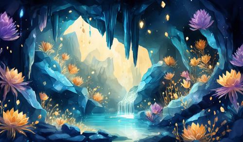 prompt: draw a cave. Inside a cave there are Flowers made of crystals. the plants are made of gold. floating around there are blu small lights. naif style. Watercolour style