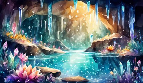 pompt: draw a cave. inside the cave there are glass Flowers and shiny diamonds. on the floor there is  crystal water. naif style. watercolour style