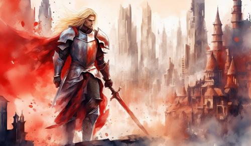 Draw a beautiful male knight. long blonde hair. Red eyes. Futuristic city covered by dust behind HIM. naif style. Watercolour style.