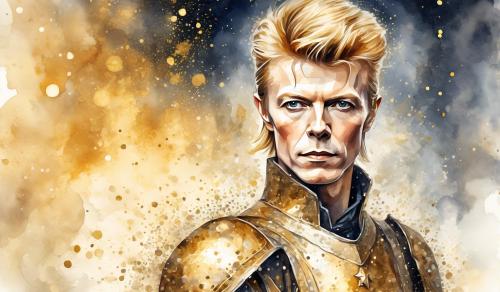 Draw a beautiful knight. Young David Bowie face. blonde long hair. steampunk armour. surrounded by sparkling golden dust. naif style. watercolour style