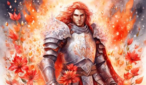 Draw a fiery beautiful knight. his eyes are red. his hair are long and white. he is surrounded by flower made of crystals. naif style. watercolour style