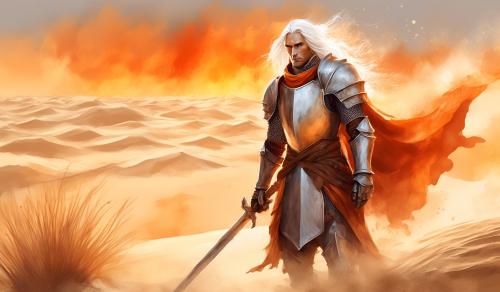 draw a beaituful fiery knight. he has long white hair. he is surrounded by dunes and dust. naif style. watercolour style