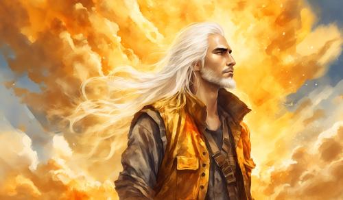 Draw a fiery beautiful man. He has long white hair. he wears a post apocalyptic vest. he is surrounded by golden clouds and sunlight. naif style. watercolour style