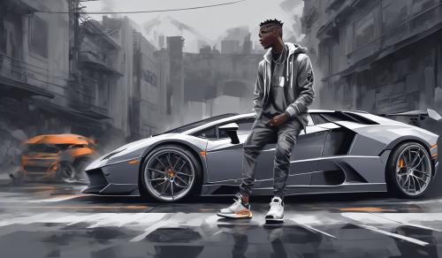 anime guy with grey Jordan fit and grey elaphent Jordan print shoes on grey lamborgini