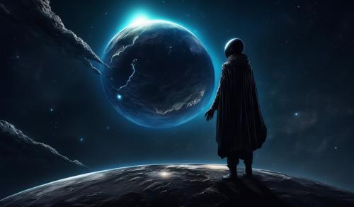 Create a super black extraterrestrial holding the earth in one hand as he looks down on it from outer space.