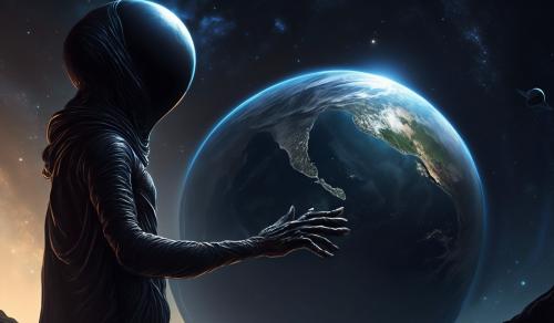 Create a giant black extraterrestrial looking down into his right hand, where he holds planet Earth.