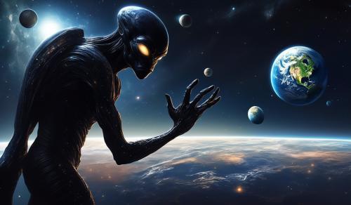 Create a giant, universe-sized black alien from outer space looking down into its right hand, where it is holding a small planet Earth.