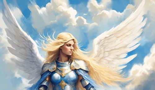 draw an angel with long blonde hair, a winged helmet, dressed in blu, surrounded by clouds and sunlight. naif style. watercolour style